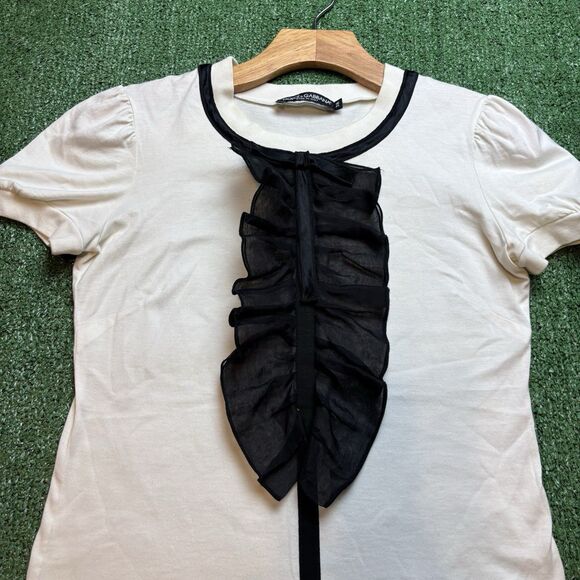 Dolce & Gabbana Women's Short Sleeve Lace Trim Blouse White Ruffle Size 38 US XS - Picture 2 of 7
